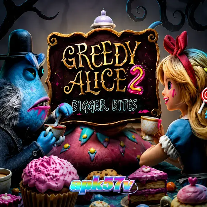 Tampilan visual slot Greedy Alice 2 Bigger Bites dengan tema Wonderland yang gelap.